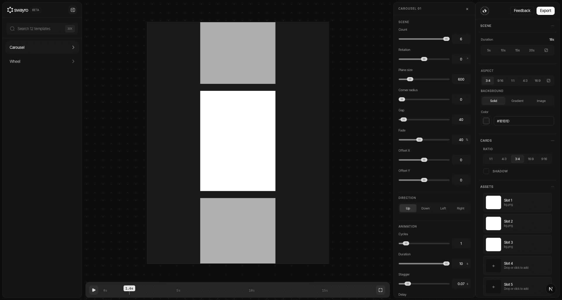 Swayro editor showing template, animation, canvas, card, background, and asset controls
